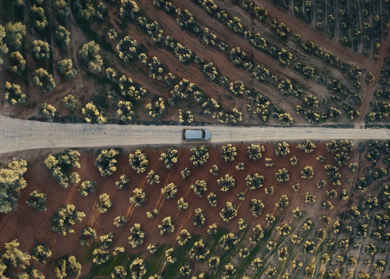 Arial view of vehicle driving on road