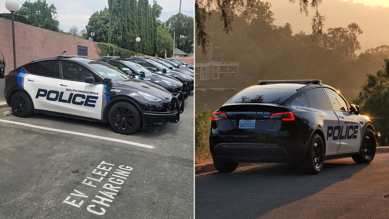 South Pasadena electric police vehicles in a parking lot and on a road